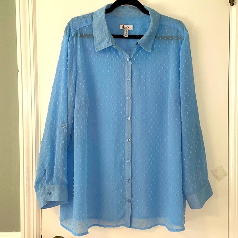 Denim + Company Qvc Blue Dotted Swiss Long Tab Sleeve Button Front Blouse 2x